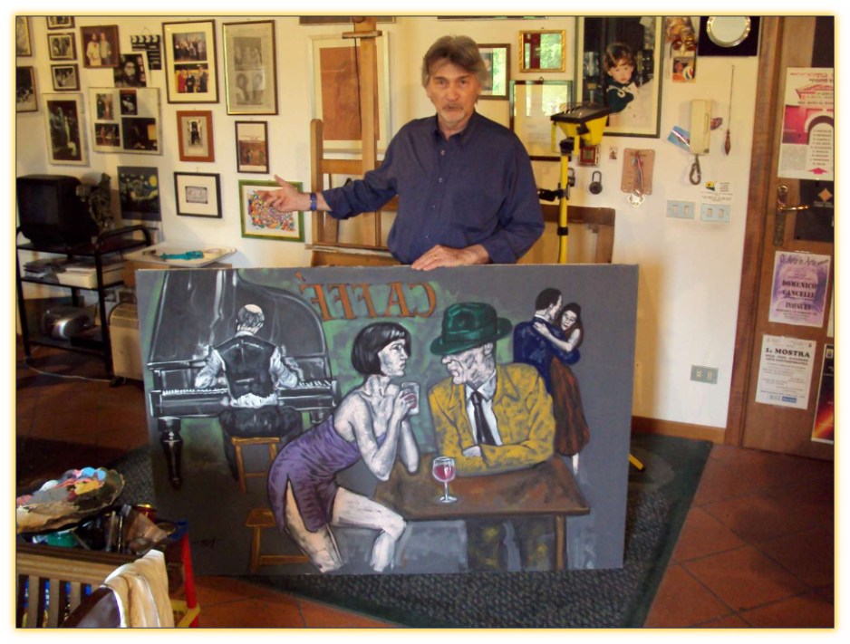 Il Maestro Domenico Cancelli nel suo studio: Il pianista (2010) olio su tela 100x150 opera pubblicata su Catalogo Arte Moderna N° 46